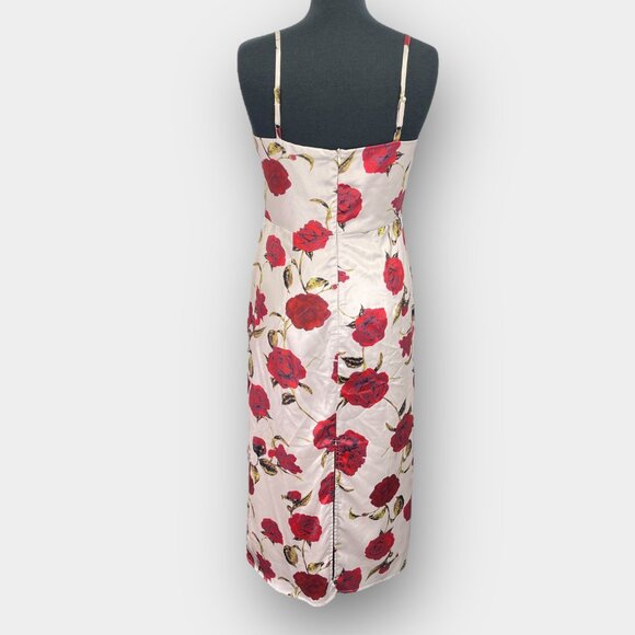 Retro Stage Rose Wiggle Dress Ivory Red Floral Pin‑Up 1950s M Midi - Picture 3 of 11